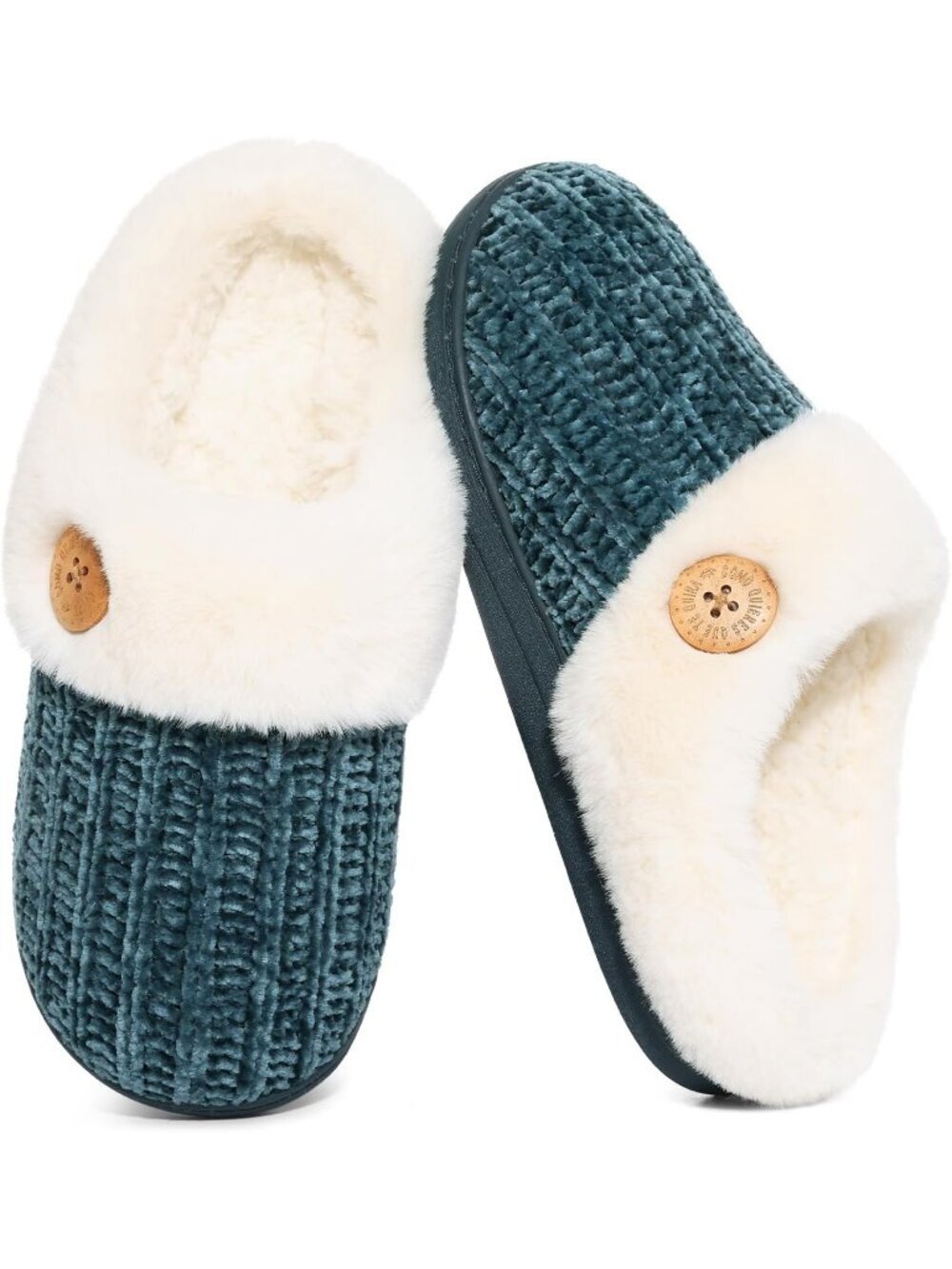 Women's Buttoned Green Comfy Wool Like Lined Closed Toe Warm Knit Slipper Shoes